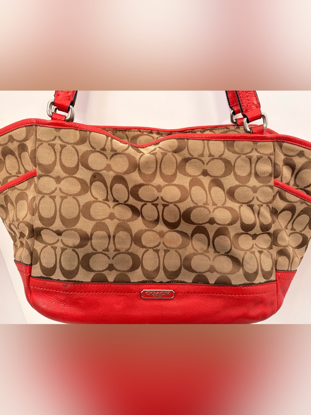 Coach Brown Signature Canvas Shoulder Bag with Red Leather Trim